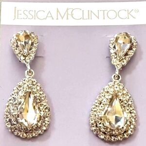 New Jessica McClintock Crystal Dangle Drop Elegant Formal Wedding Earrings